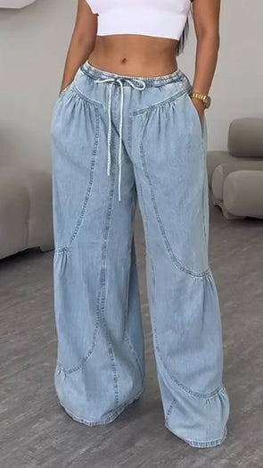 Ladies Spliced Drawstring Casual Jeans