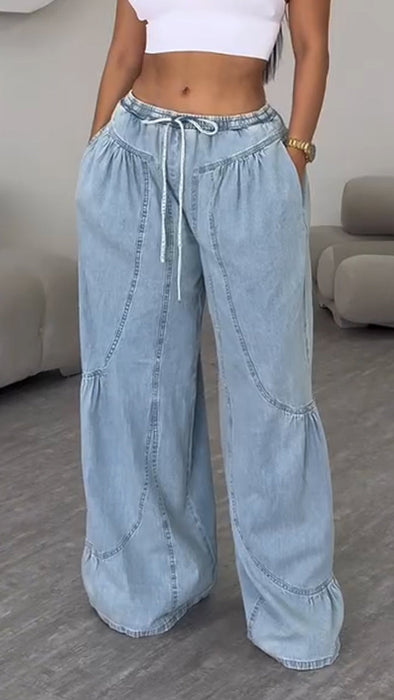 Ladies Spliced Drawstring Casual Jeans