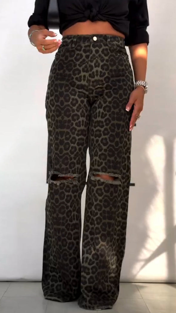 Ladies Leopard Print Hole Casual Pants