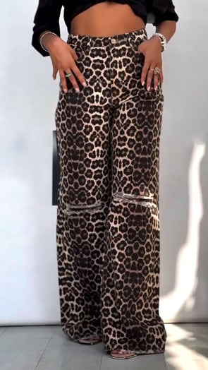 Ladies Leopard Print Hole Casual Pants