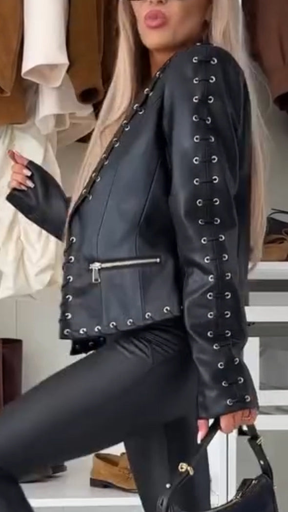 Ladies Collar Splicing Leather Temperament Casual Jacket