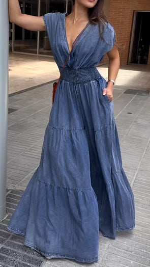 Ladies V-neck Patchwork Waist Cinching Casual Jumpsuit