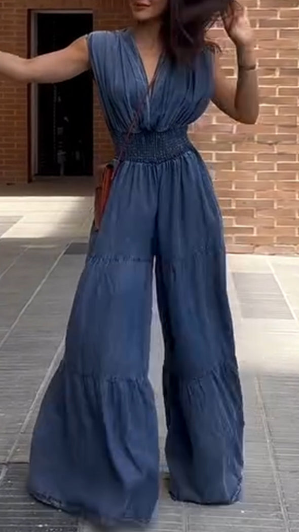 Ladies V-neck Patchwork Waist Cinching Casual Jumpsuit