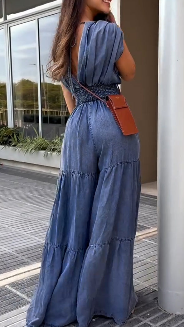 Ladies V-neck Patchwork Waist Cinching Casual Jumpsuit