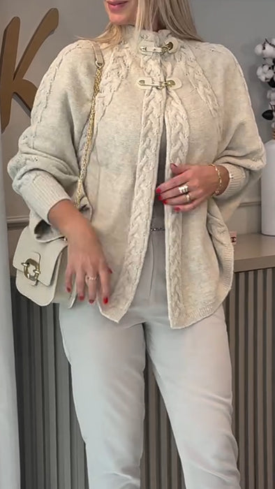 Women Round Neck Metal Buckle Splicing Casual Coat