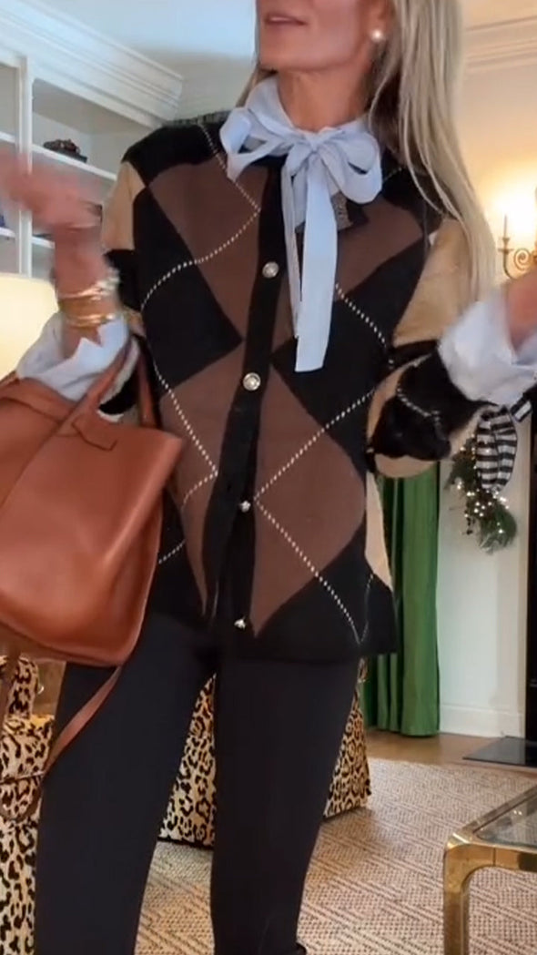 Women Collar Patchwork Plaid Knitted Cardigan