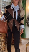 Women Collar Patchwork Plaid Knitted Cardigan