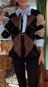 Women Collar Patchwork Plaid Knitted Cardigan
