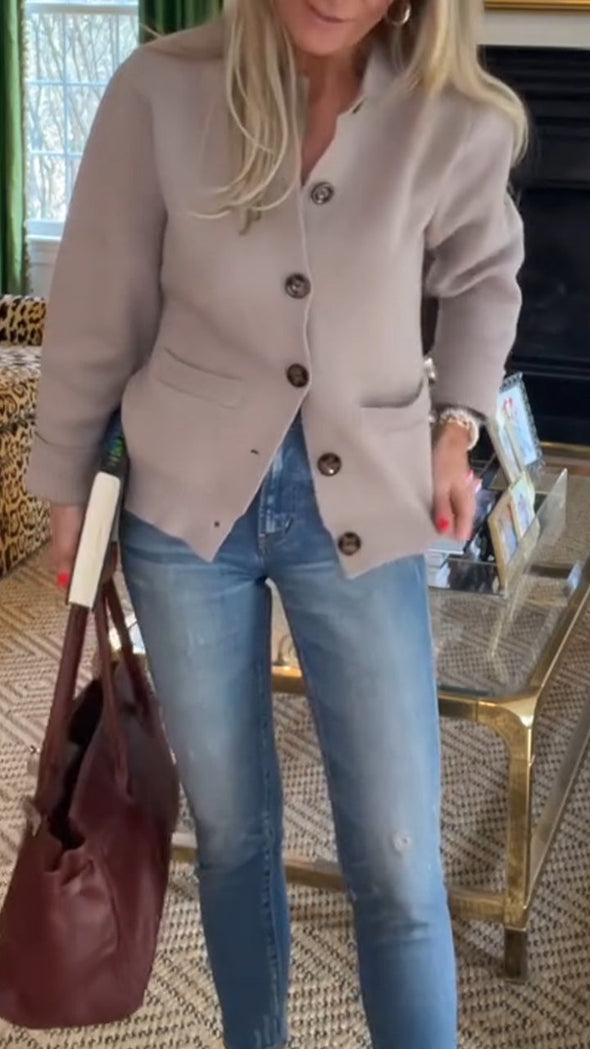 Ladies Round Neck Breasted Casual Woolen Coat