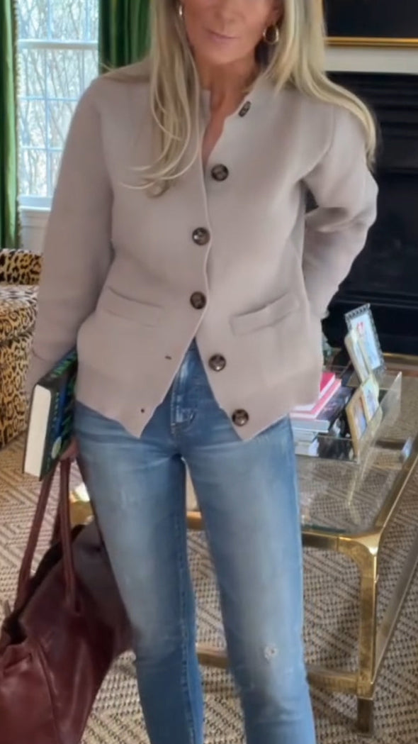 Ladies Round Neck Breasted Casual Woolen Coat