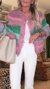 Women Round Neck Multi-color Knitted Casual Cardigan