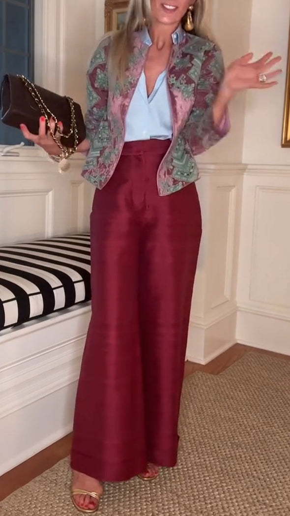 Ladies Round Neck Printed Casual Cardigan+ Solid Color Pants