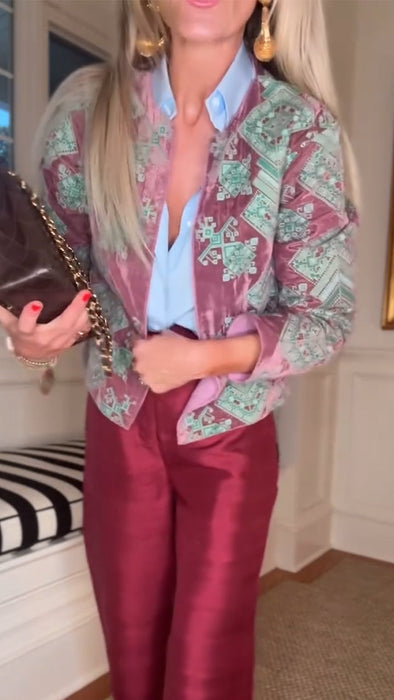 Ladies Round Neck Printed Casual Cardigan+ Solid Color Pants