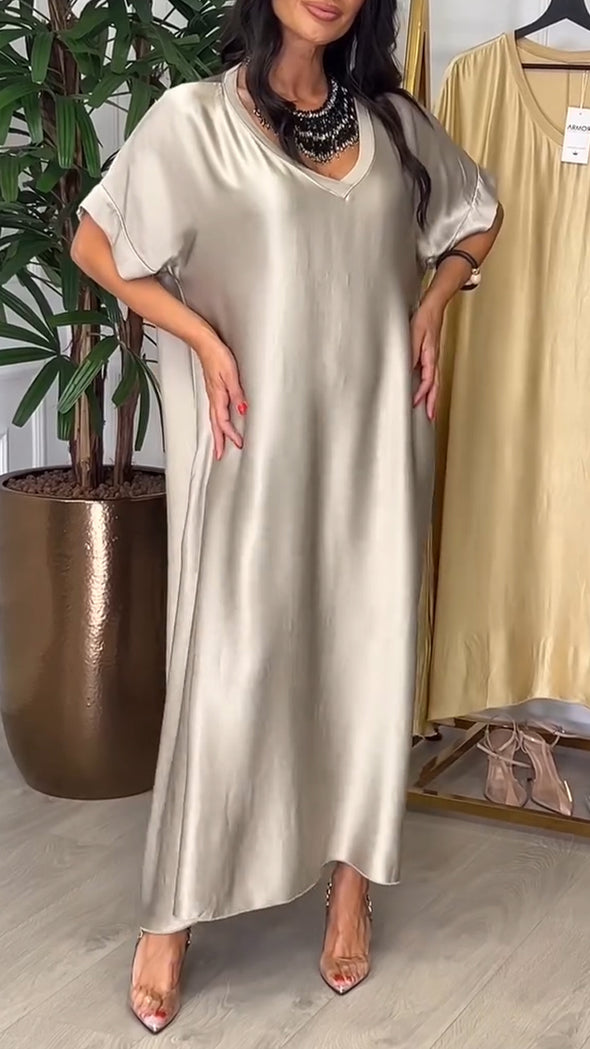 Women V-neck Solid Color Loose Casual Dress