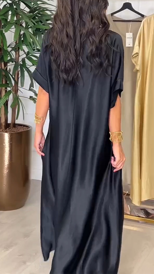 Women V-neck Solid Color Loose Casual Dress