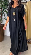 Women V-neck Solid Color Loose Casual Dress