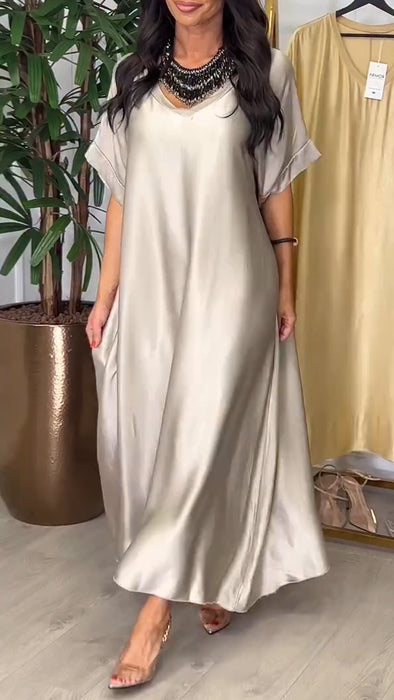 Women V-neck Solid Color Loose Casual Dress