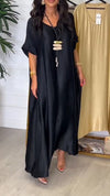 Women V-neck Solid Color Loose Casual Dress