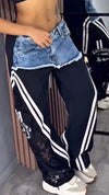 Ladies Spliced Denim Printed Vertical Casual Pants