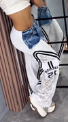 Ladies Spliced Denim Printed Vertical Casual Pants