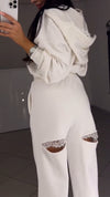 Ladies Round Neck Hooded Patchwork Printed Top+ Ripped Pants Casual Set
