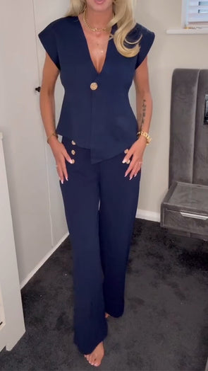 Ladies V-neck Irregular Top+ Pants with A Casual Temperament Suit