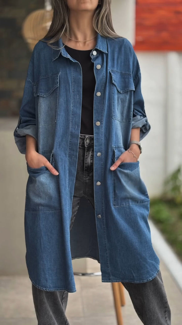 Women Flip Collar Washed Water Breasted Casual Denim Cardigan