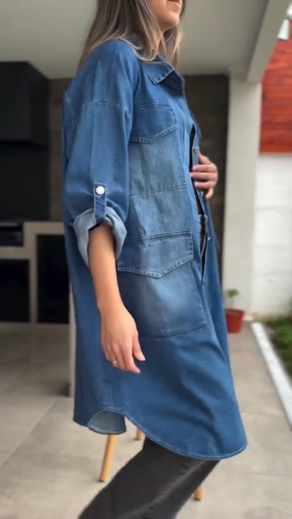 Women Flip Collar Washed Water Breasted Casual Denim Cardigan