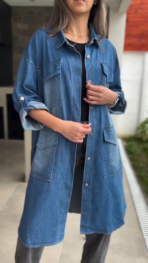 Women Flip Collar Washed Water Breasted Casual Denim Cardigan
