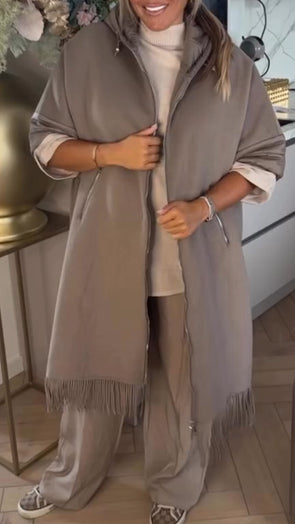 Ladies Round Neck Hooded Patchwork Tassel Casual Coat