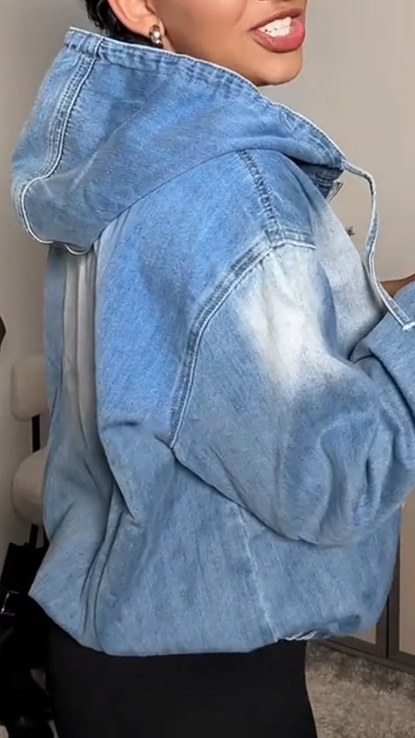Women Round Neck Hooded Washed Water Spliced Casual Denim Tops
