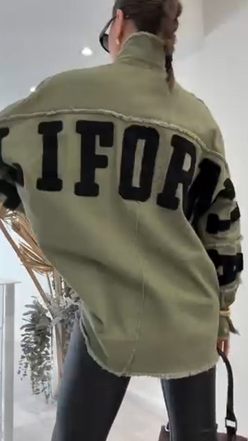 Ladies Collar Patchwork Printed Letter Casual Jacket