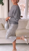 Ladies Round Neck Knitted Top+ Sequined Skirt Casual Set