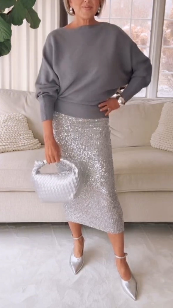 Ladies Round Neck Knitted Top+ Sequined Skirt Casual Set