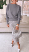 Ladies Round Neck Knitted Top+ Sequined Skirt Casual Set