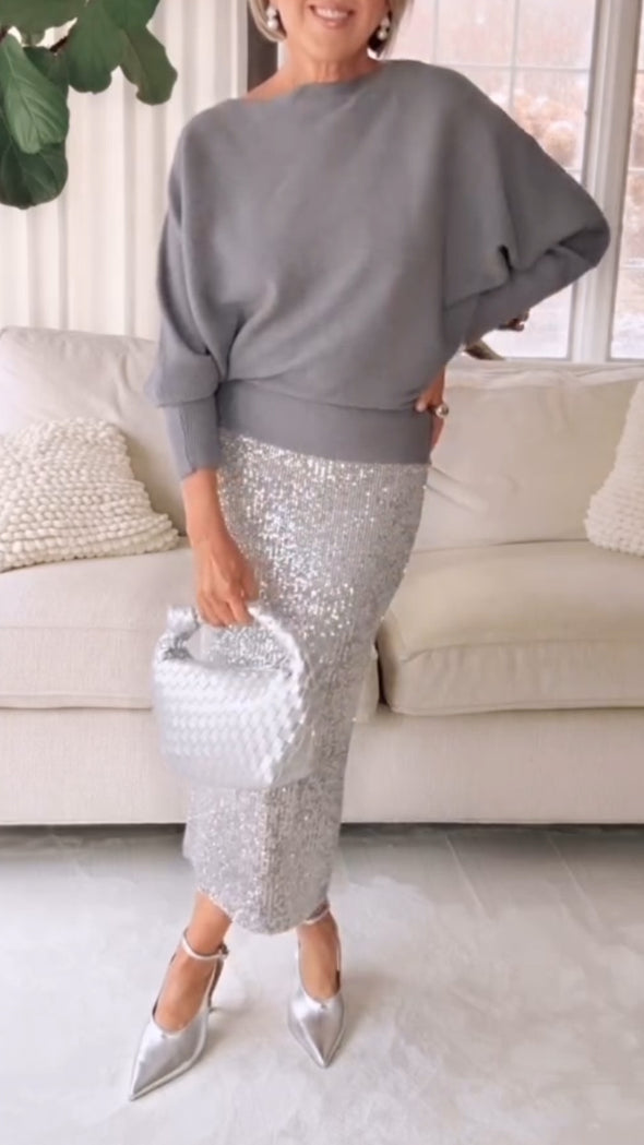 Ladies Round Neck Knitted Top+ Sequined Skirt Casual Set
