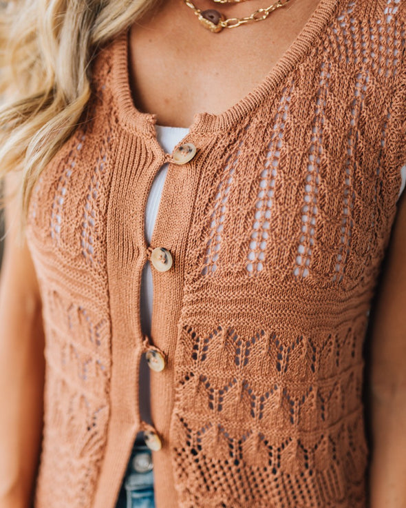 Ladies Round Neck Printed Hollowed Out Casual Cardigan