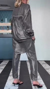 Women Lapel Splicing Long Top + Pants Casual Suit