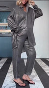 Women Lapel Splicing Long Top + Pants Casual Suit