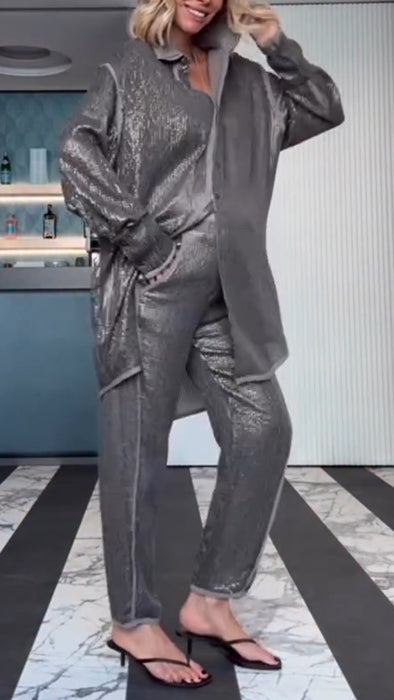 Women Lapel Splicing Long Top + Pants Casual Suit