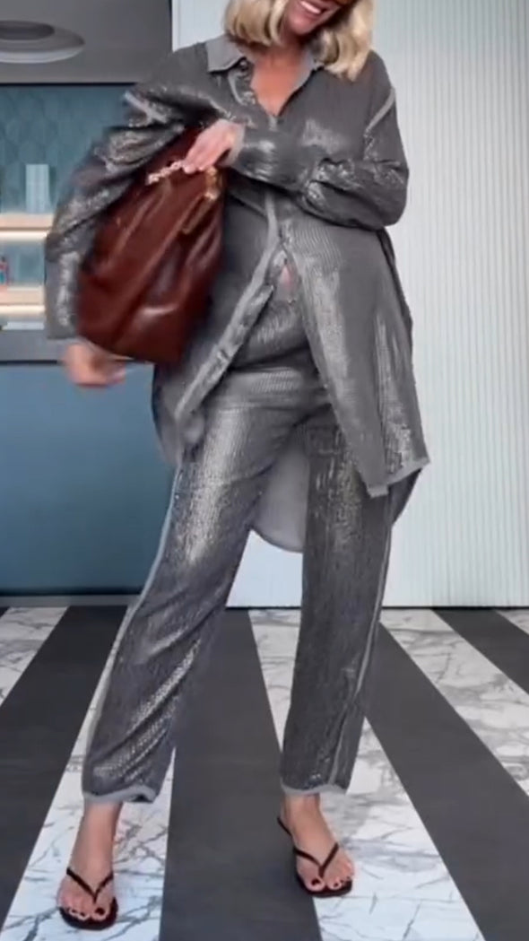 Women Lapel Splicing Long Top + Pants Casual Suit