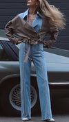 Women Lapel Spliced Denim Jacket + Pants Temperament Casual Suit