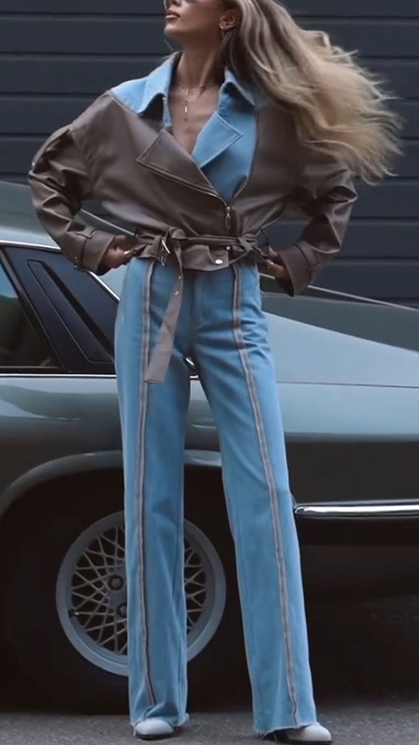 Women Lapel Spliced Denim Jacket + Pants Temperament Casual Suit