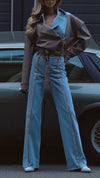 Women Lapel Spliced Denim Jacket + Pants Temperament Casual Suit