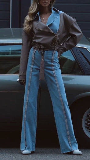 Women Lapel Spliced Denim Jacket + Pants Temperament Casual Suit