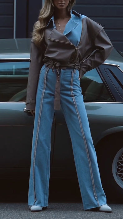 Women Lapel Spliced Denim Jacket + Pants Temperament Casual Suit