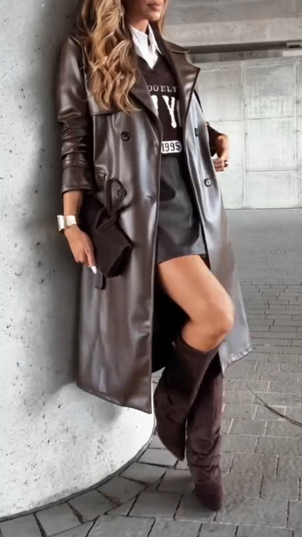 Women Lapel Leather Temperament Casual Windbreaker