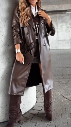 Women Lapel Leather Temperament Casual Windbreaker