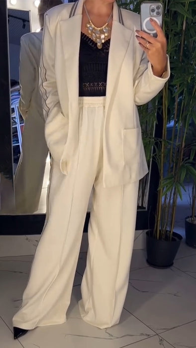Women Lapel Vertical Pattern Jacket + Pants Temperament Casual Suit