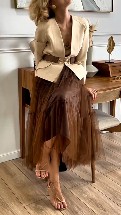 Women Round-neck Jacket + Mesh Spliced Skirt Casual Suit